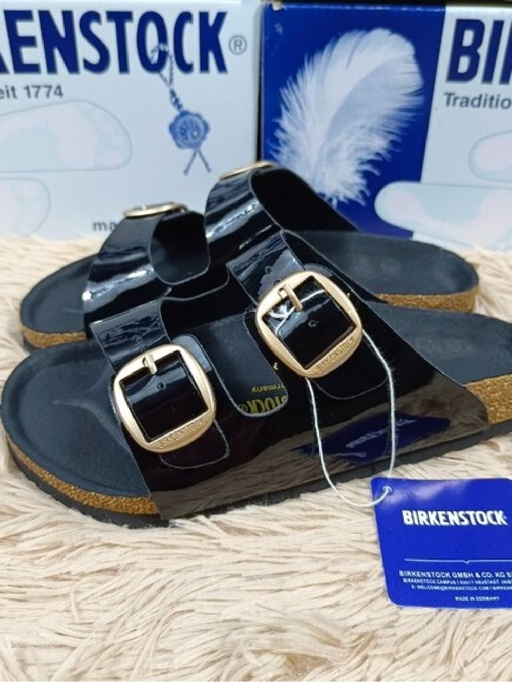 Birkenstock Arizona Patent Sandals in Black with Gold Buckles